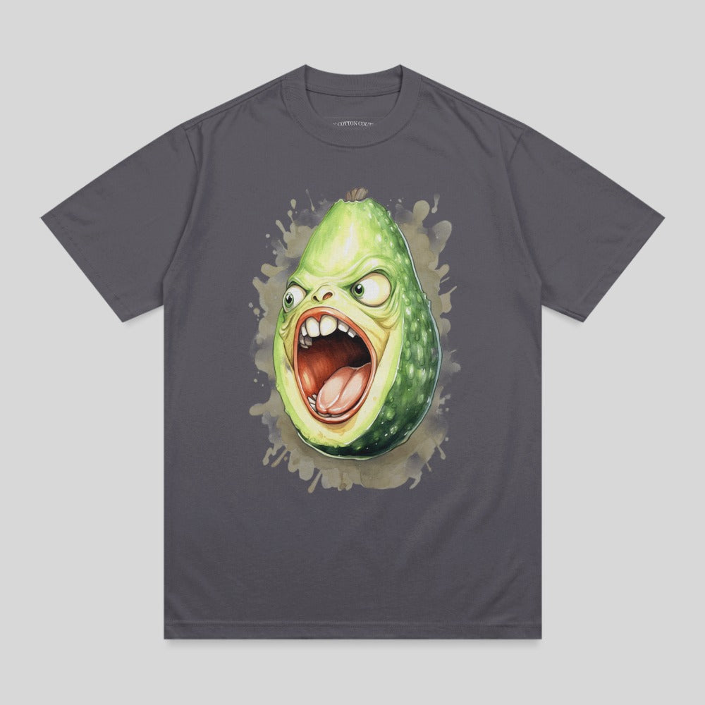 Cartoon avocado character with wide open mouth and cartoonish eyes on a gray t-shirt.