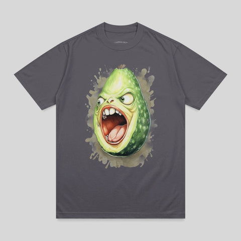 Cartoon avocado character with wide open mouth and cartoonish eyes on a gray t-shirt.