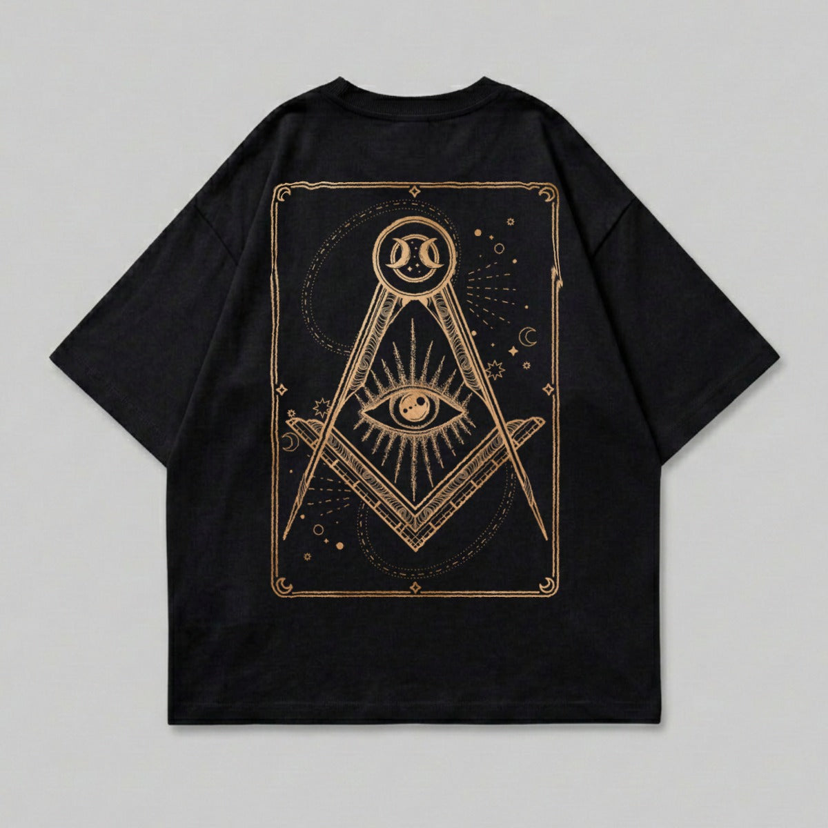Black Mystical Eye Symbol Celestial Design T-shirt product type
Black T-shirt, Mystical Tee, Occult Design, Esoteric Graphic, All Seeing Eye, Pyramid Eye, Square Compass, Celestial Print, Stars Moon, Cosmic Vibes, Golden Art, Graphic Top, Alchemy Symbol, Spirituality Wear, Illuminati Eye, Gothic Clothing, Dark Aesthetic, Streetwear Fashion, Symbolic Apparel, Sacred Geometry