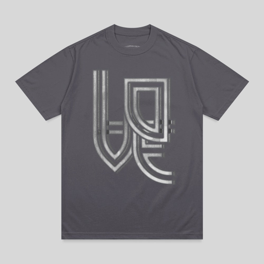 Charcoal t-shirt with white abstract geometric logo design.