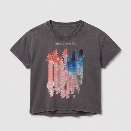 Gray t-shirt with abstract red, white, and blue guitar graphic and "Mary Cotton Co." text.