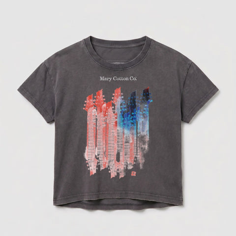 Gray t-shirt with abstract red, white, and blue guitar graphic and "Mary Cotton Co." text.