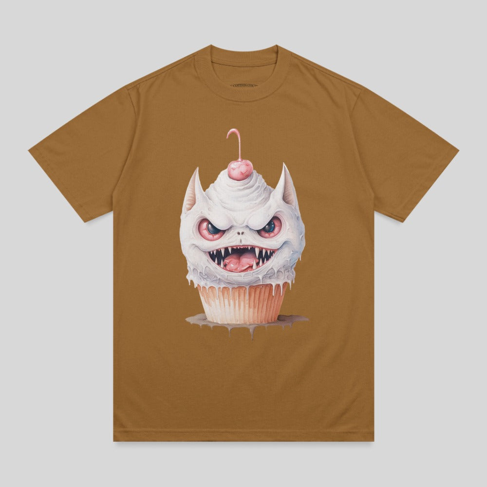 Monstrous cupcake with cherry head, sharp teeth, and pink frosting.