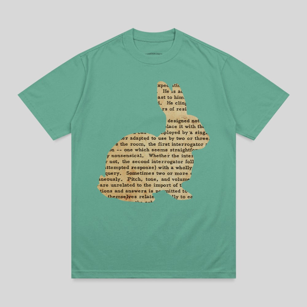 Green t-shirt with a rabbit silhouette filled with text.