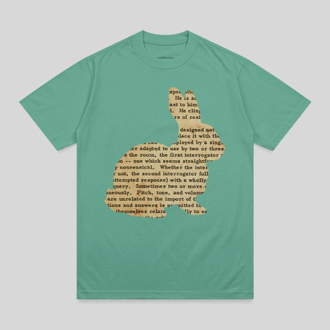 Green t-shirt with a rabbit silhouette filled with text.