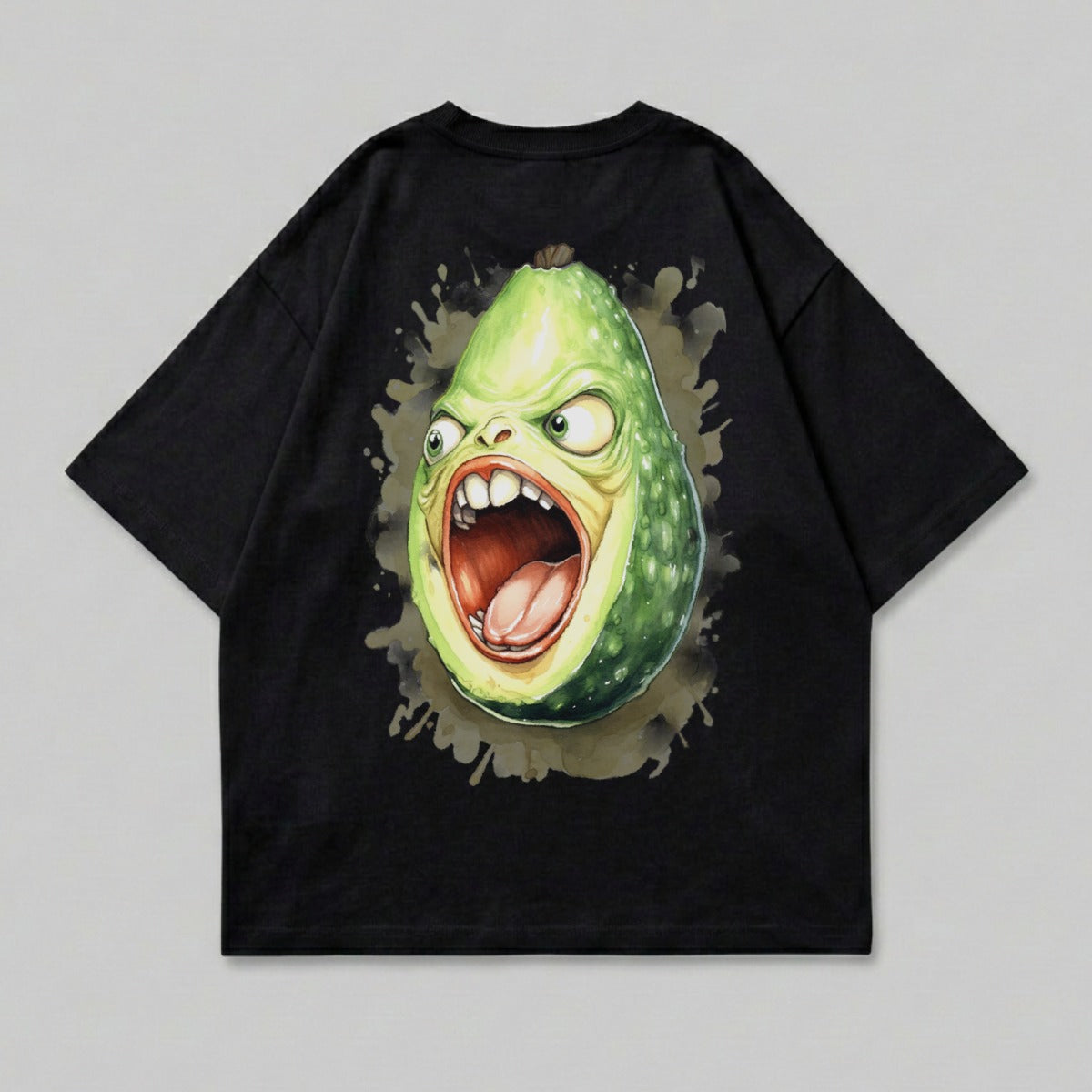 Black t-shirt with a cartoon avocado character with a shocked expression.