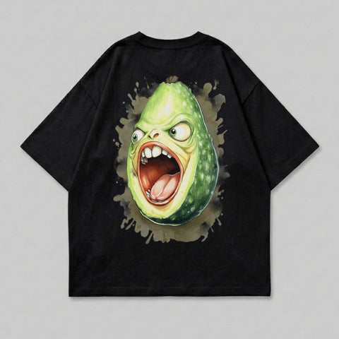 Black t-shirt with a cartoon avocado character with a shocked expression.