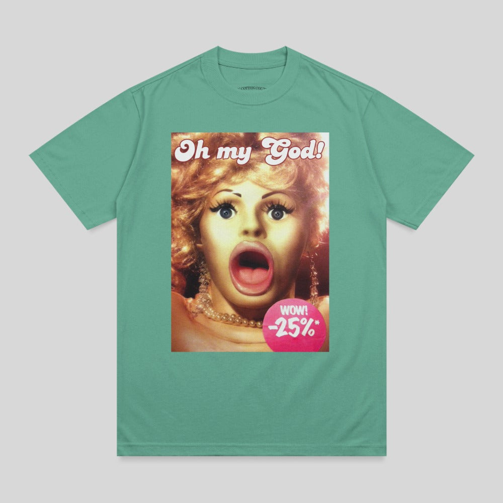 T-shirt featuring a shocked woman with "Oh my God!" and "WOW! -25%" text.