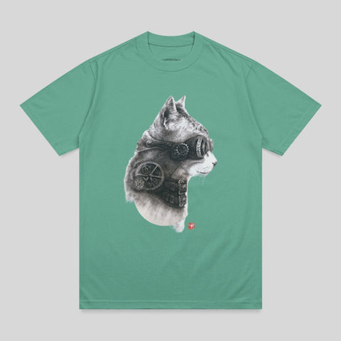 Steampunk cat wearing goggles and gears on a green t-shirt.