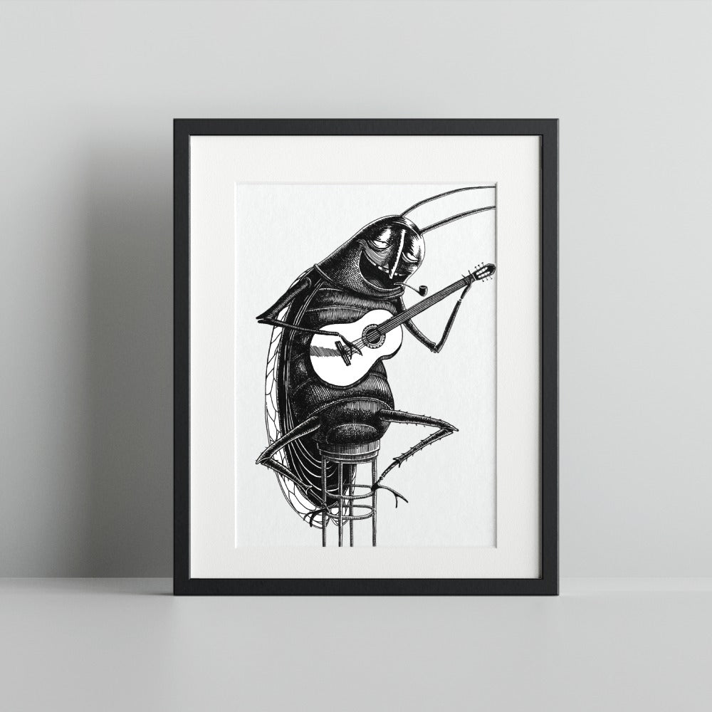 Humorous Insect Playing Guitar Art Print for Home Decor