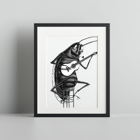 Humorous Insect Playing Guitar Art Print for Home Decor