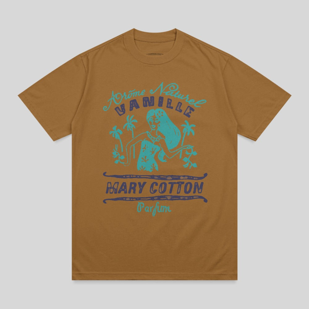 Brown t-shirt with "AROME NATURELLE VANILLE" and "MARY COTTON Parfum" text.