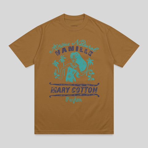 Brown t-shirt with "AROME NATURELLE VANILLE" and "MARY COTTON Parfum" text.