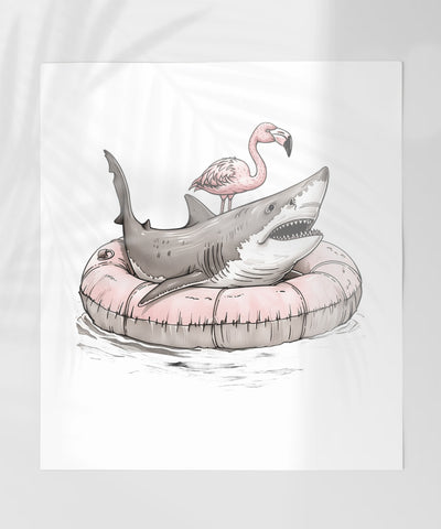 Shark with Flamingo on Inflatable Ring Print