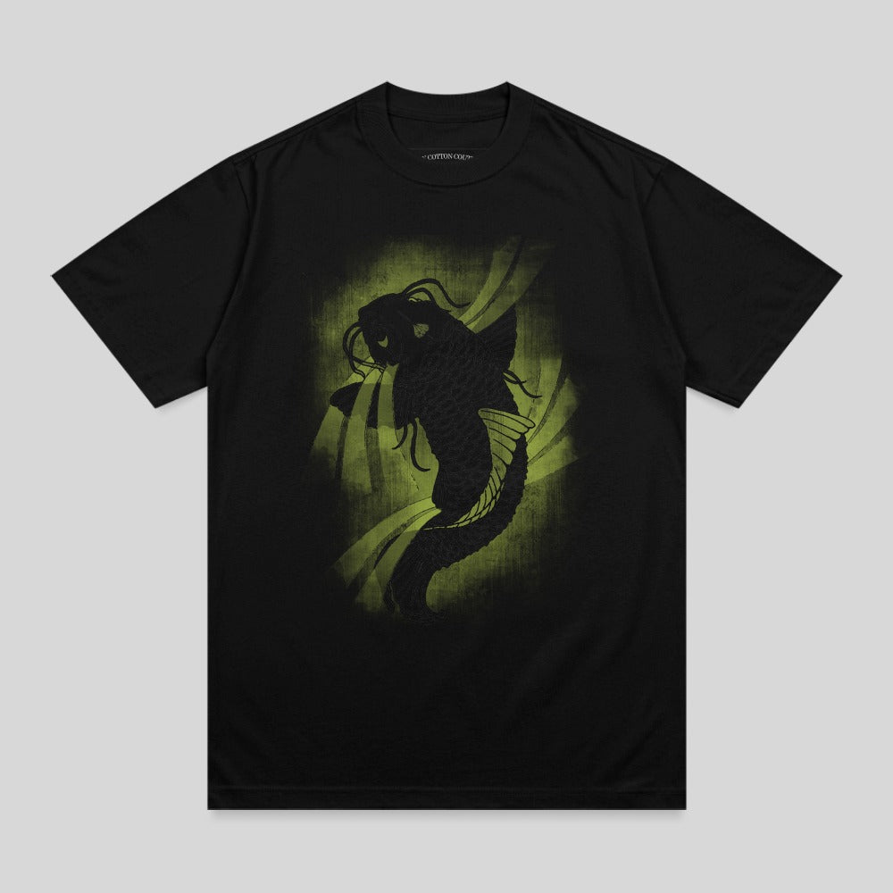 Black t-shirt with a stylized dark green koi fish design.