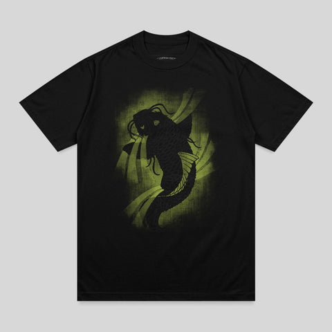 Black t-shirt with a stylized dark green koi fish design.