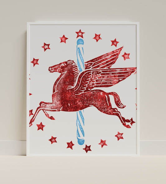 Red Pegasus with Stars and Candy Cane Art Print