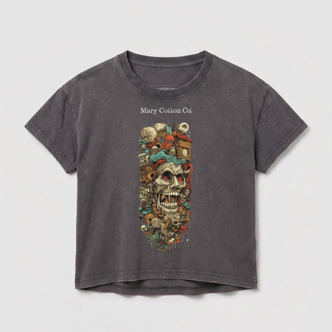 Graphic t-shirt with a skull and surreal elements, "Mary Cotton Co." text.