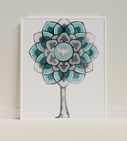 Mandala Tree with Dragonfly Art Print Wall Decor