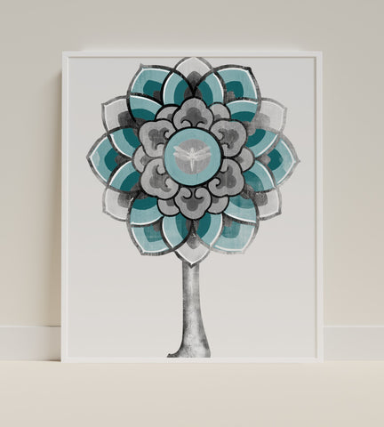 Mandala Tree with Dragonfly Art Print Wall Decor