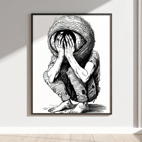 Abstract Monochrome Artwork of Figure Covering Eyes Print