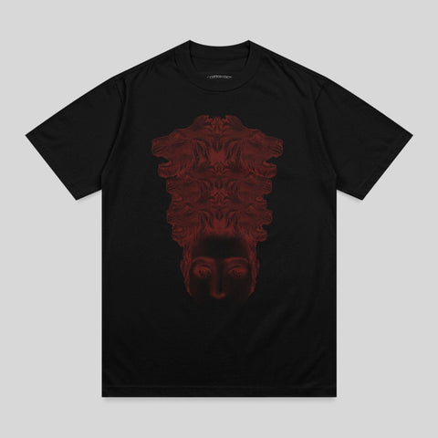 Black t-shirt with a red, abstract, human-like face and lion heads graphic.