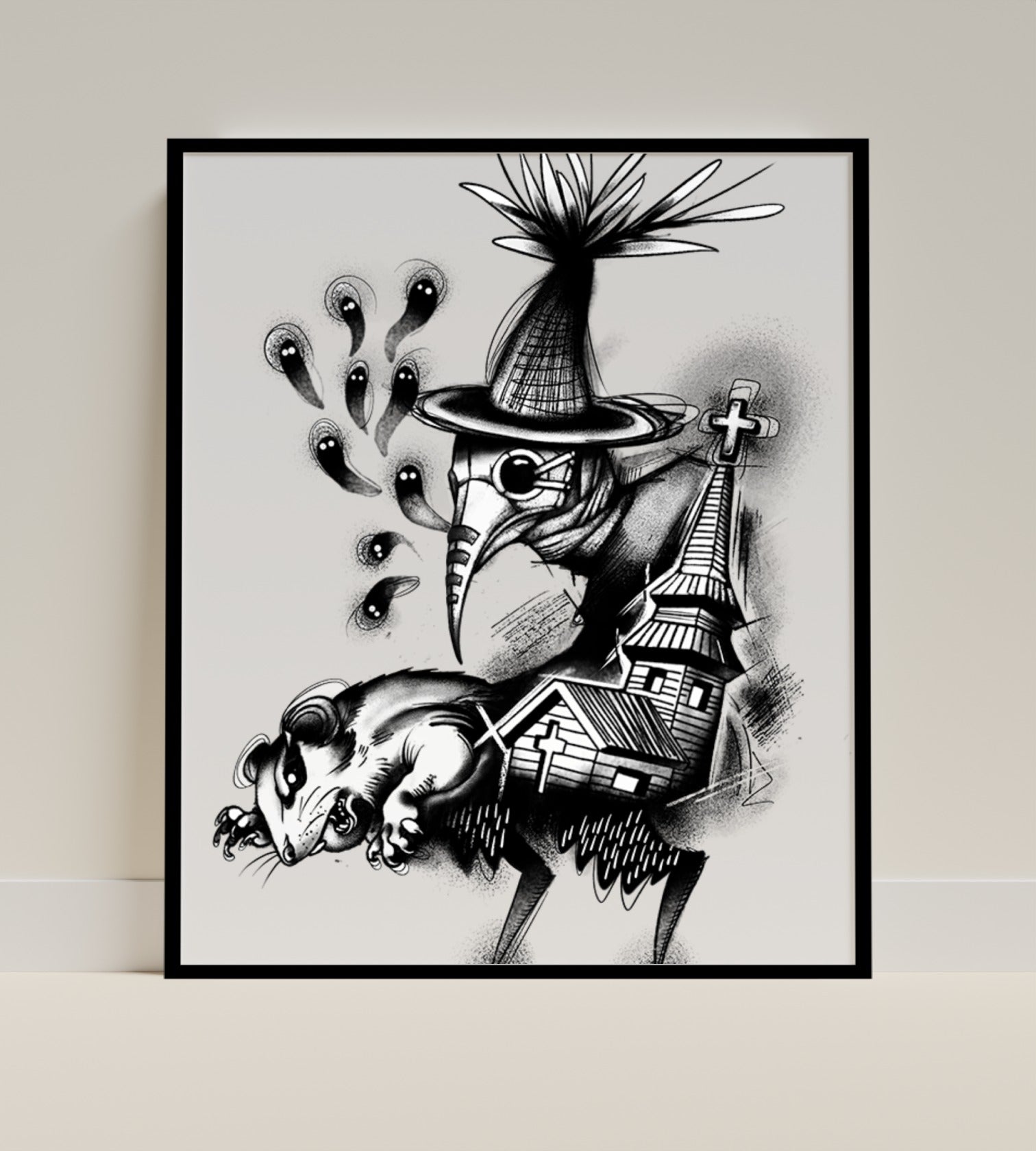 Plague Doctor Art with Church and Possum Illustration