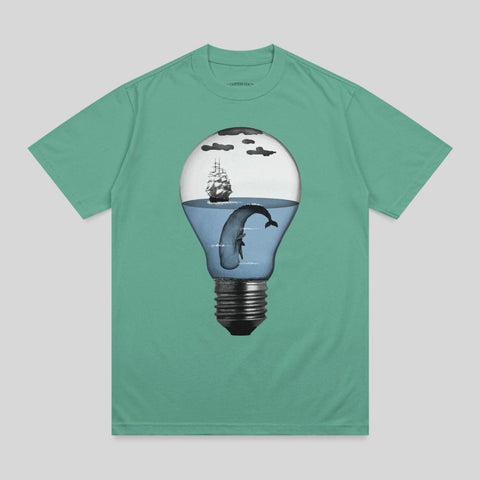 T-shirt with a lightbulb containing a whale and ship in a sea scene.