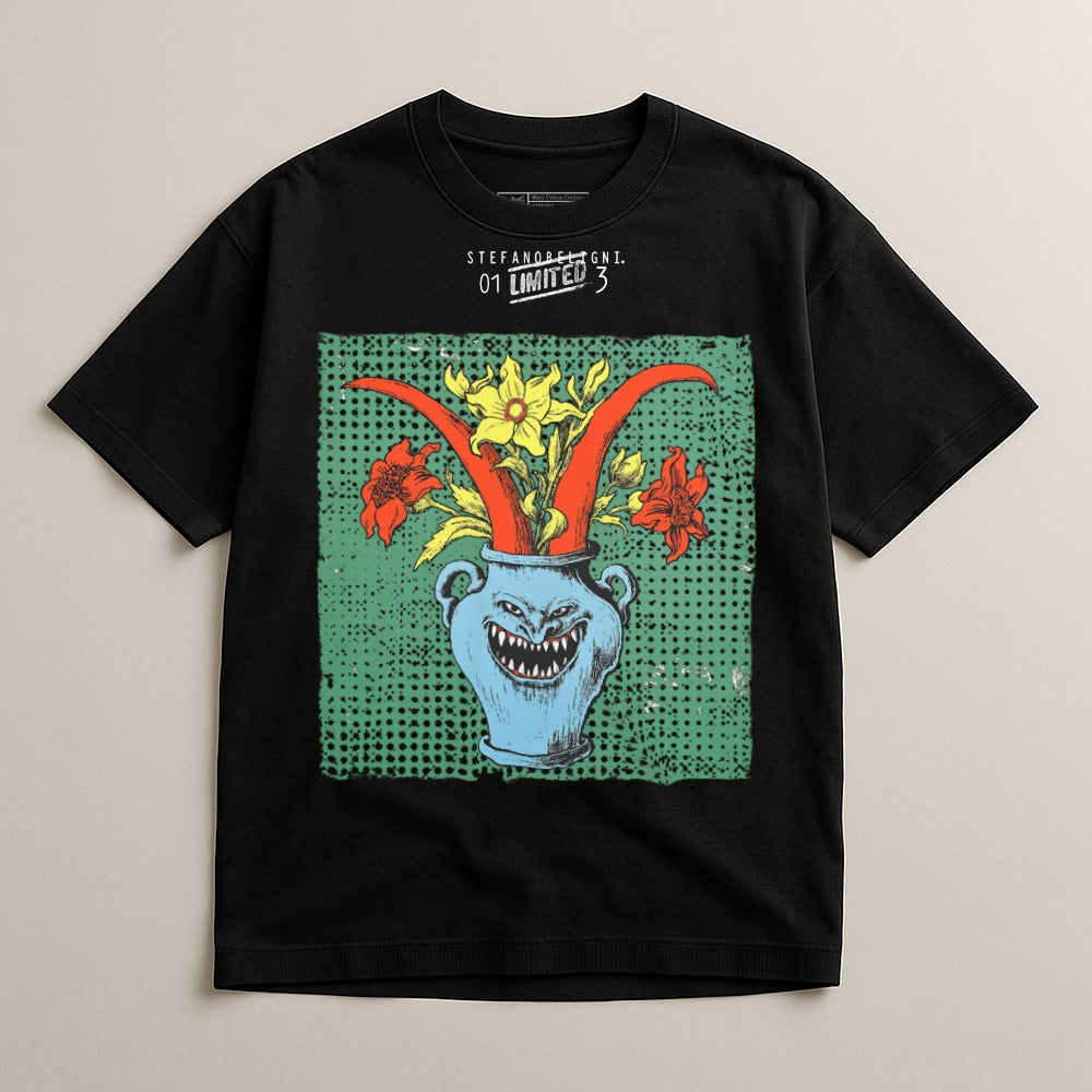 Flowers in Monster Head Graphic Artwork T-shirt