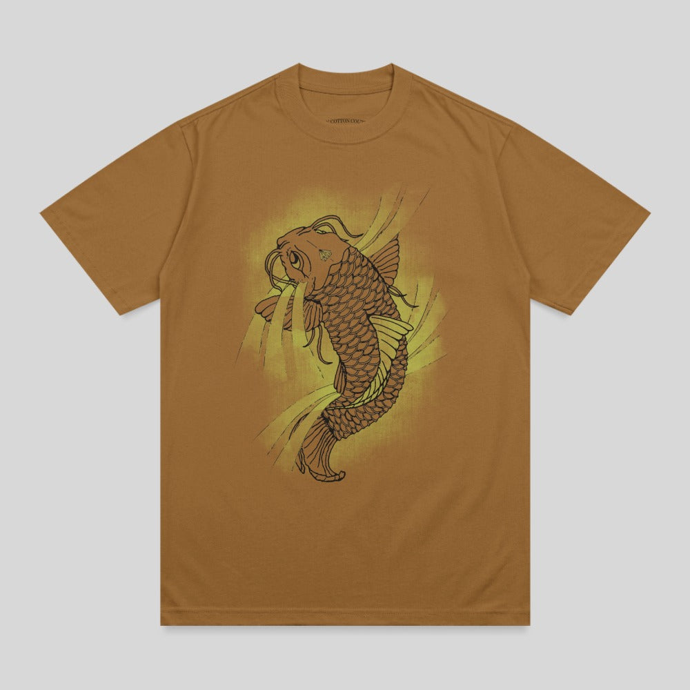 Brown t-shirt with a golden koi fish design.