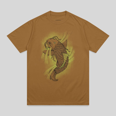 Brown t-shirt with a golden koi fish design.