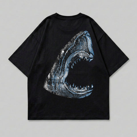 Black t-shirt with a distressed blue shark mouth graphic on the back.