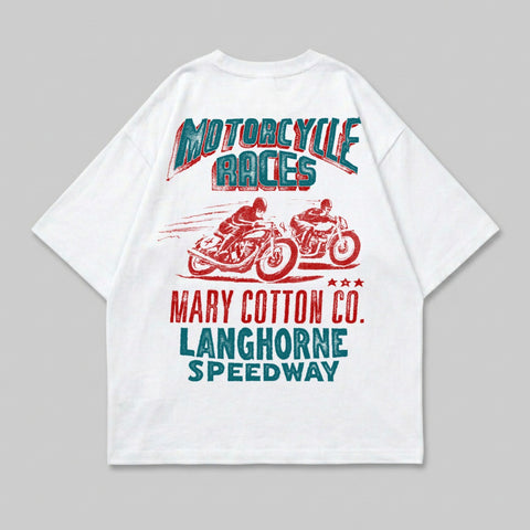 White t-shirt graphic with two motorcyclists and text "MOTORCYCLE RACES" and "MARY COTTON CO. LANGHORNE SPEEDWAY".