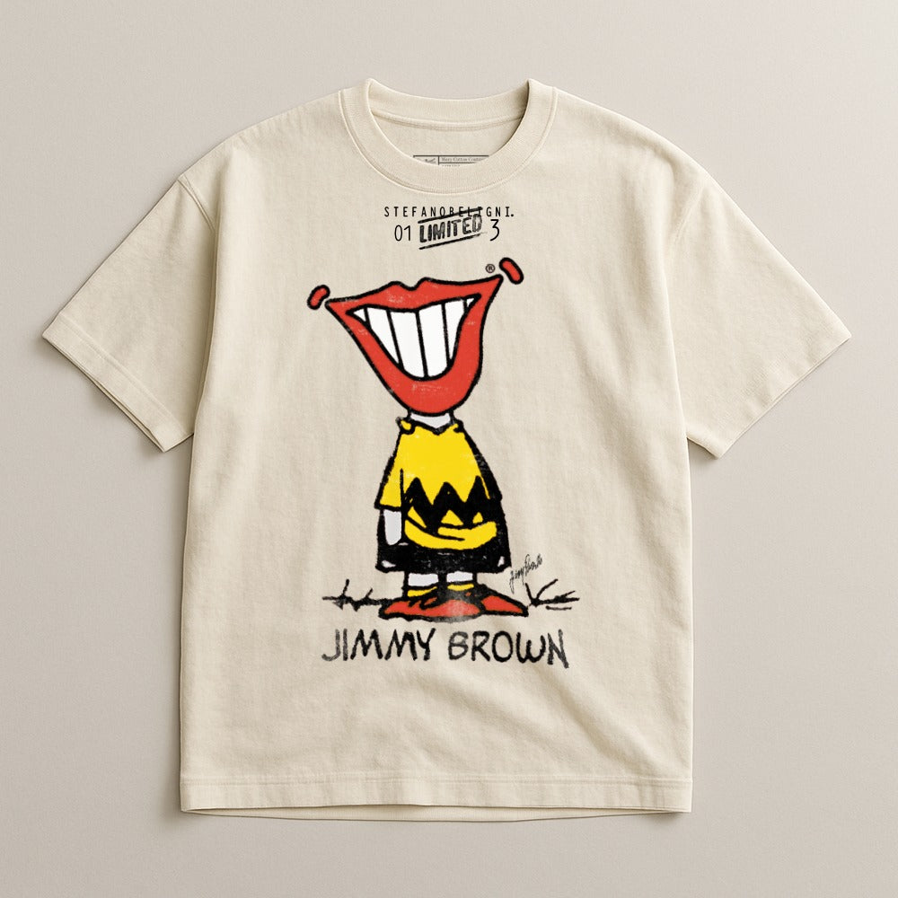 Cream t-shirt with cartoon character, red lips, and "JIMMY BROWN" text.