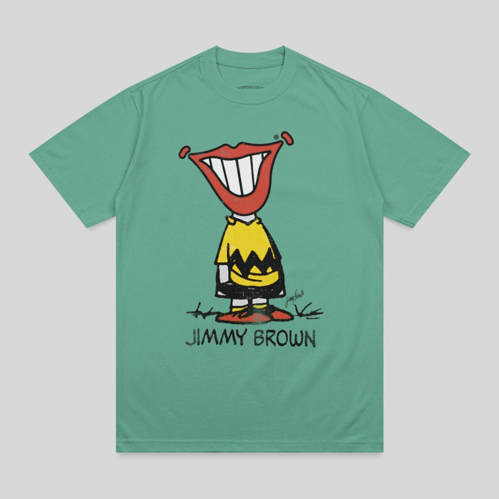 Green t-shirt with cartoon character, Jimmy Brown text, and large red lips.