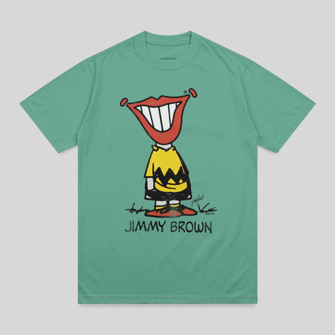 Green t-shirt with cartoon character, Jimmy Brown text, and large red lips.
