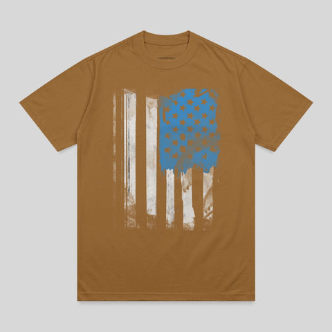 Brown t-shirt with distressed American flag graphic.