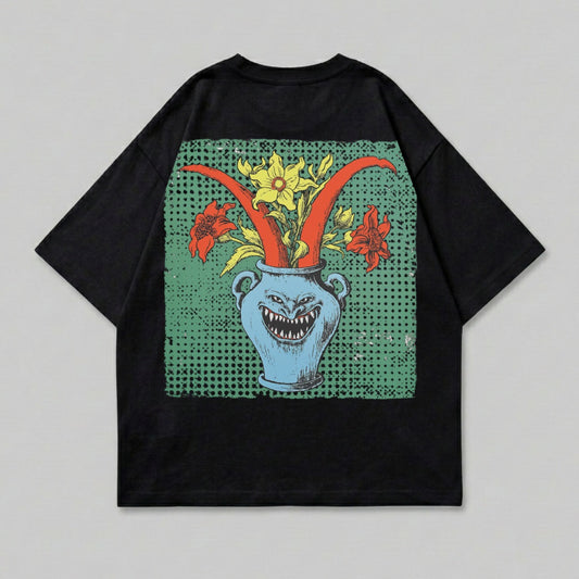 Distressed Floral Monster Vase Graphic Black T-shirt product type