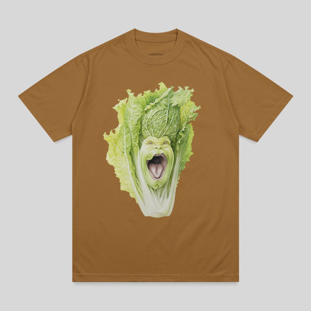 Brown t-shirt with an illustration of a person's face emerging from a head of lettuce.