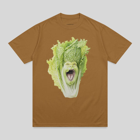 Brown t-shirt with an illustration of a person's face emerging from a head of lettuce.