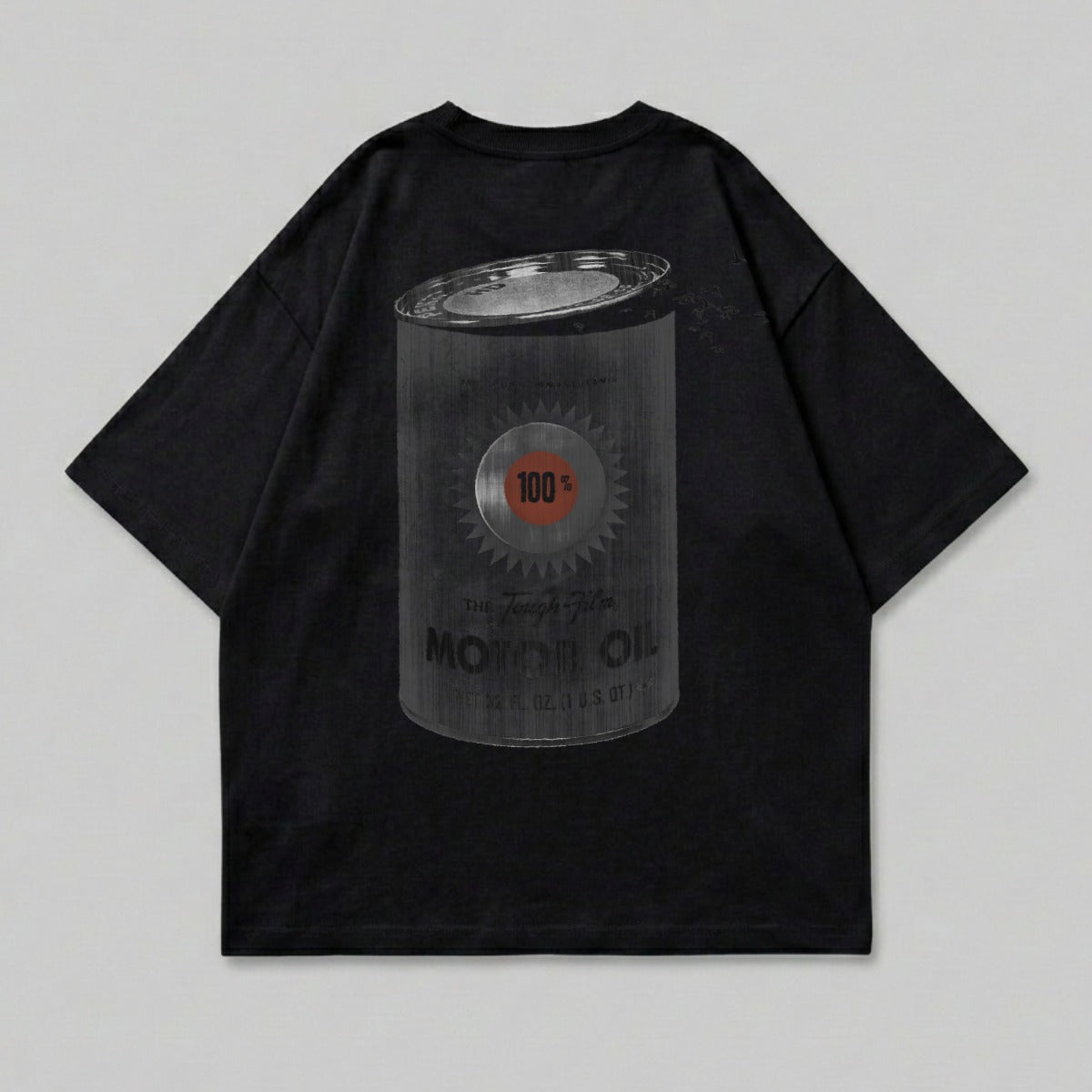 Black t-shirt with vintage "Motor Oil" can graphic and text.