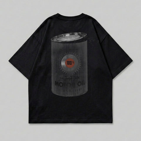 Black t-shirt with vintage "Motor Oil" can graphic and text.