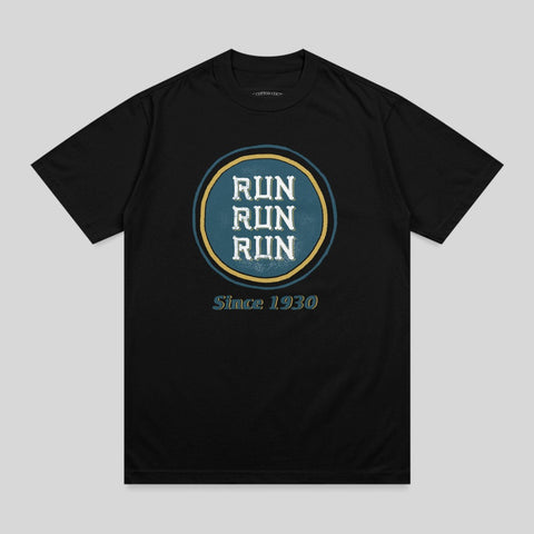 Black t-shirt with circular "RUN RUN RUN Since 1930" graphic.