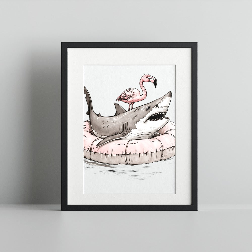 Flamingo and Shark in Pool Float Art Print