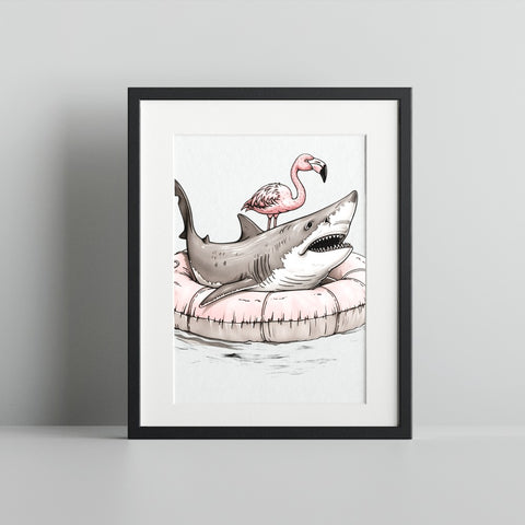 Flamingo and Shark in Pool Float Art Print