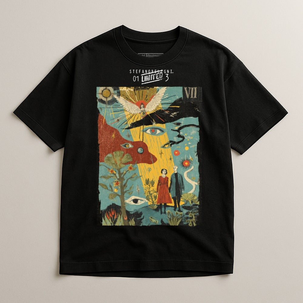 Black t-shirt with "STEFANO LONGI. 01 LIMITED 3" and surreal artwork.