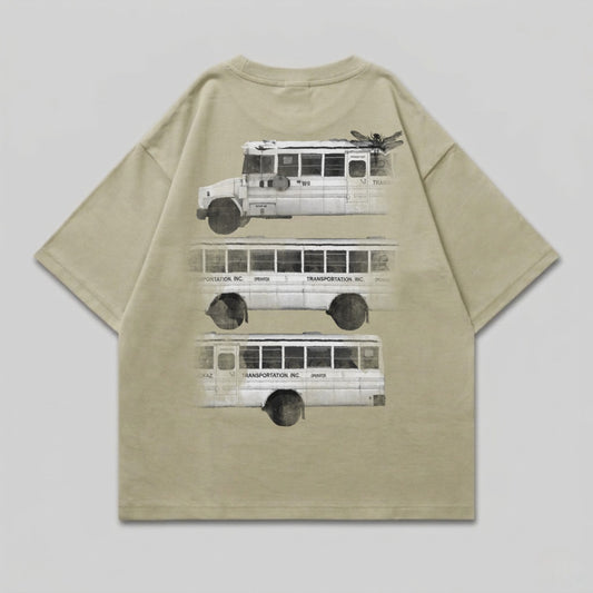 T-shirt with three white school buses stacked vertically, text reads "TRANSPORTATION, INC. OPERATOR".