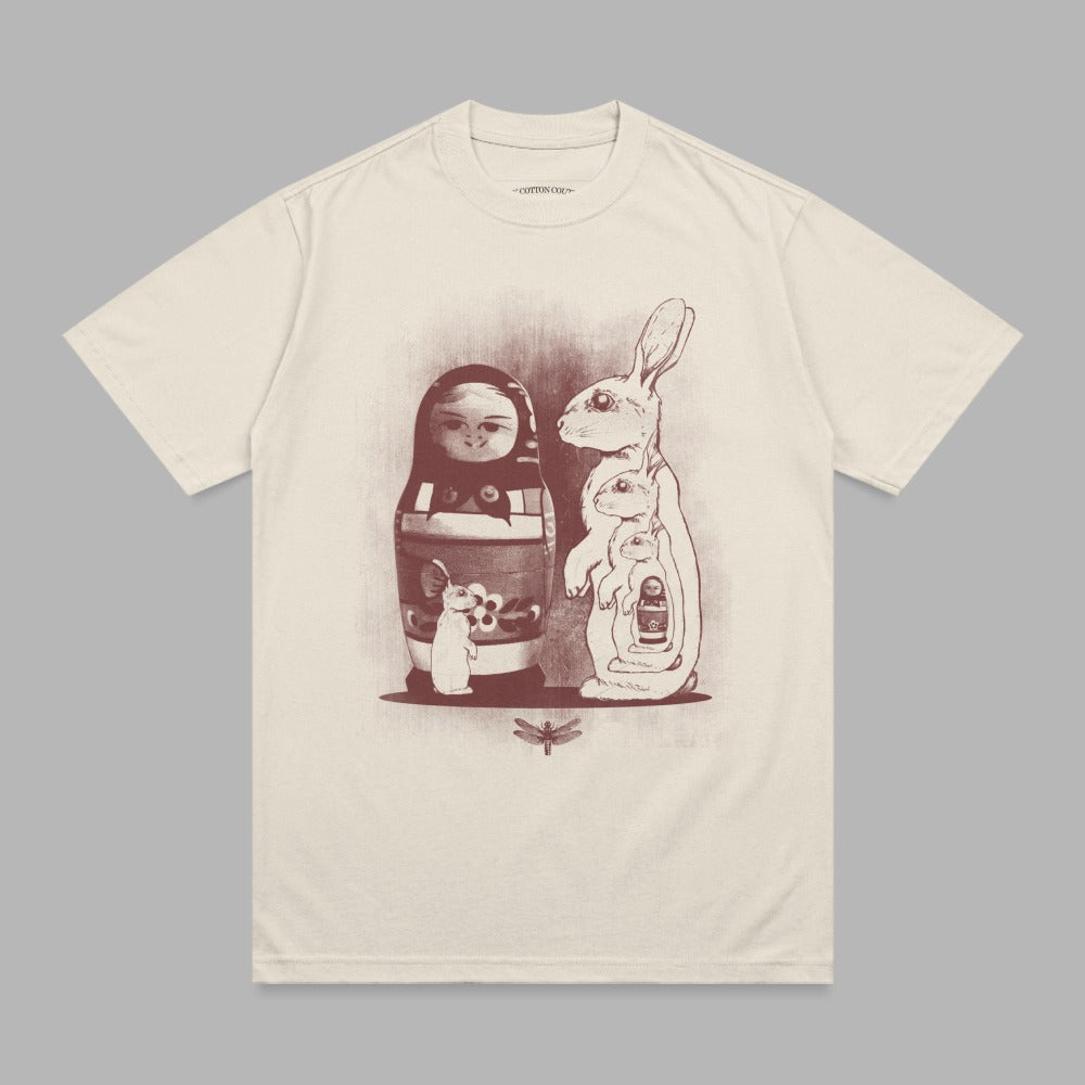 Matryoshka doll and rabbits wearing a gas mask, with a dragonfly.