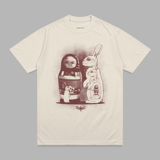 Matryoshka doll and rabbits wearing a gas mask, with a dragonfly.