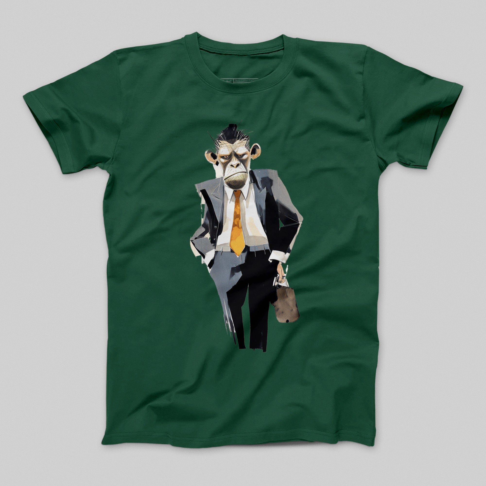 Stylish Green T-Shirt with Ape in Suit Graphic Design